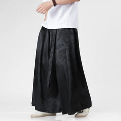 Threebooy Autumn New Chinese Style Men's Hanfu Clothing Dragon Patterned Ice Silk Wide Leg Pants Casual Loose Fit Long Trousers