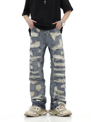 Threebooy American style high street washed personalized torn hole cut straight tube loose fitting jeans, versatile for men