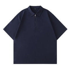 Threebooy Summer Men's Short Sleeve T-Shirts Half Zipper Turn Down Collar Cotton Solid Loose Tshirt Male Breathable Business Casual Tops