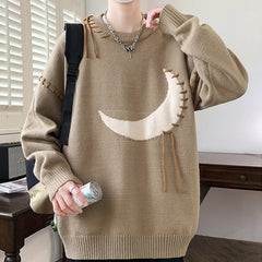 Threebooy Winter Moon Graphic Jacquard Christmas Sweaters For Man High Street Fashion Crewneck Pullovers Retro Elegant Y2K Knitwear