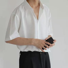 Threebooy Silk Drooping Free Solid Color Versatile Shirt Dk Men's Trendy Handsome High-end Hong Kong Style Short-sleeved Handsome Shirt