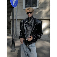 Threebooy 90s Streetwear Fashion Leather Jacket Men's Retro Design High-end Shoulder Pad Motorcycle Short Jacket Top
