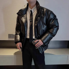 Threebooy Korean Fashion High-Grade Pu Leather Mens Cotton-Padded Jacket Winter Stand-Up Collar Thick Warm Motorcycle Cotton Jacket Men