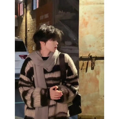 Threebooy Black and White Striped Mohair Sweater for Men Lazy Style Relaxed Style Couple Sweater Jacket