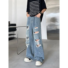 Threebooy Men's Ripped Hole Jacquard Jeans Summer Thin Handsome Casual Pants Unisex High Street Straight Wide Leg Jeans Blue/Black