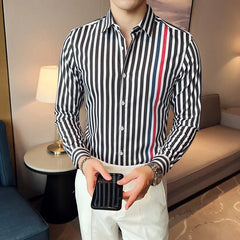 Threebooy Men High Quality Stripe Long Sleeve Solid Color Formal Business Shirt Slim Brand Male Social Turn Down Dress Blouses S-4XL