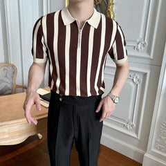 Threebooy Men's Clothing Leisure Light Luxury Knitted Polo Shirt Korean Striped Zipper Short Sleeve Retro Breathable Fashion Knitwear Tees