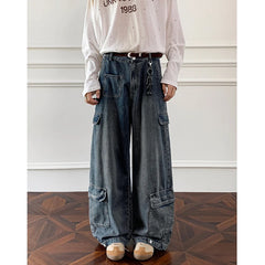 Threebooy Men Workwear Cargo Jeans New Multi Pocket Loose Straight Leg Baggy Streetwear Denim Pants Urban Casual Trousers 2025 Autumn