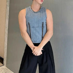 Threebooy Mens Denim Vest Double Zipper Casual Short Vest Niche Personality Streetwear Versatile Sleeveless Tank Top Men'S Clothing 2024