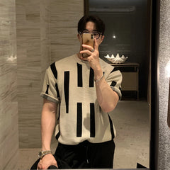 Threebooy Summer Men's Clothing Luxury O Neck Knitted T Shirt Retro Geometric Short-sleeved Korean Popular Knitwear Leisure Basic Shirt