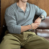 Threebooy Vintage Trend Fashion Men T-Shirts Spring Autumn New Solid O-Neck Button Waffler Elastic Quick Dry Casual Loose Long Sleeve Tops