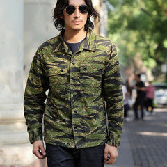 Threebooy Spring Men's Tiger Stripe Camo Camouflage Cargo Shirt Fashion Work Engineer Long Sleeved Shirt Jacket With Double Pockets