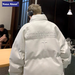 Threebooy 90s 00s Streetwear American Style Trendy PU Leather Cotton-Padded Coat Men's Winter Stand Collar Puffer Jacket Loose Fit Casual