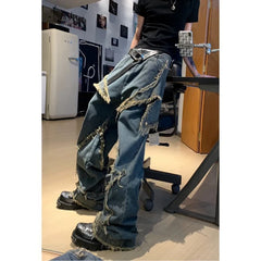 Threebooy Retro Star Design Wide Leg Jeans Distressed Loose Raw Edge Floor Mopping Pants