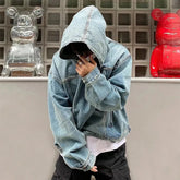 Threebooy Mens Autumn Winter Fashion Denim Washed Distressed Retro Hoodie Genderless Street Fashion Casual Loose Denim Sweatshirt Unisex