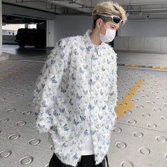 Threebooy Summer Thin Shirt Three-dimensional Butterfly Decor Long Sleeve Shirt Tassel Casual Fashion Loose Male Sun-proof Clothing