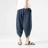 Threebooy Summer Men's Casual Wide Leg Pants Harlan Style Cotton Linen Seven-Foot Loose Trousers Striped Pattern Chinese Style Loose Fit