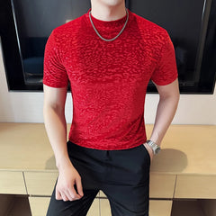 Threebooy Men's Semi High Neck T-shirt Fashionable Gold Velvet Pleated Hot Stamping T-shirt Versatile Base Shirt Slim Fit Men's Clothing