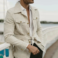Threebooy Mens Casual Streetwear Striped Long-sleeved Shirt 2024 Spring Summer New Fashion Button Pocket Lace-up Mid-length Shirt for Men