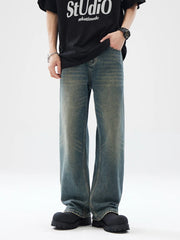 Threebooy Autumn New Baggy Straight Jeans Men Full Length Washed Distressed Denim Pants High Street Korean Streetwear Male Trousers Black