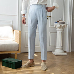 Threebooy Men's Luxury Naples Slim-fit Thin Blue Striped Dress Pants Solid Color British Retro Premium Elegant Leisure High Waist Trousers