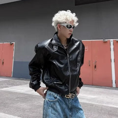 Threebooy Spring Autumn Leather Jacket Men's Retro Design High End Shoulder Padded Motorcycle Jacket Short