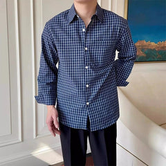 Threebooy New American Retro Men Shirts Light Luxury Textured Lapel Plaid Long Sleeve Cardigan Leisure Trendy Premium Check Blouse M-2XL