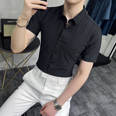 Threebooy Top Quality Men's Summer Casual Short Sleeve Shirts/Male Slim Fit Business Office Stripe Casual Shirt Man Dress Shirts 4XL