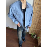 Threebooy Punk Spliced Jacket High-end Blue Short Work Cargo Coat Men's Handsome Trendy Solid Color Zipper Jacket All-match Top