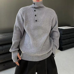 Threebooy Mens Sweater Striped High Collar Side Button Knit Sweater Streetwear Trend Fashion Youth Campus Long Sleeve Tops Men'S Clothing