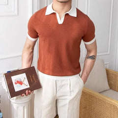 Threebooy New Trend Men Business Polo Shirt Light Luxury Popular Slim V Neck T-shirt Leisure Patchwork Short Sleeve Tops Retro Knitwear