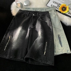 Threebooy Streetwear Men Summer Loose Casual Denim Shorts Men Zipper Straight Versatile Five Point Pants Hip Hop Sports Basketball Shorts