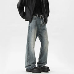 Threebooy Summer Men's Denim Pants Old Blue Washed Male Jeans Straight fleck Casual Menwear Loose Wide Leg Trousers 2024 New Fashion