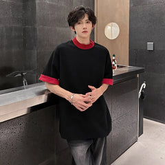 Threebooy Men Loose Fit Round Neck Contrast Collar Tshirt Trendy Streetwear Casual Comfort Top Unique Style Summer Fashion Daily Wear