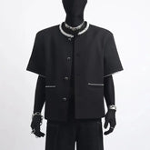 Threebooy Spring Summer Jacket Handsome Casual Short-sleeved Jacket Men's Beaded Border Design Fashion Button Up O-neck Top Aesthetic Coat