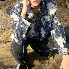 Threebooy Spring Clothing Men's Leisure Printed Zipper Short Jacket Streetwear Turn-down Collar Korean Harajuku Long Sleeve Luxury Coats