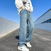 Threebooy Men's Jeans Spring Autumn Extend Straight Vintage Blue Casual Baggy Jeans Korean Trousers Classic Wide Leg Fashion Denim Pants