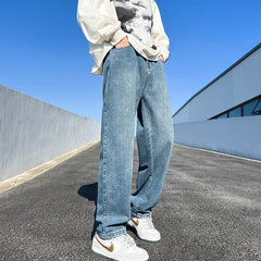 Threebooy Men's Jeans Spring Autumn Extend Straight Vintage Blue Casual Baggy Jeans Korean Trousers Classic Wide Leg Fashion Denim Pants