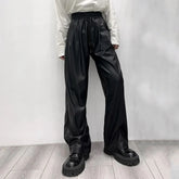 Threebooy Casual Drawstring PU Leather Long Pants Men Trousers Spring Fall Loose Y2k Elastic Waist Straight Wide Leg Faux Leather Pants