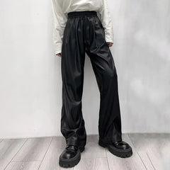 Threebooy Casual Drawstring PU Leather Long Pants Men Trousers Spring Fall Loose Y2k Elastic Waist Straight Wide Leg Faux Leather Pants