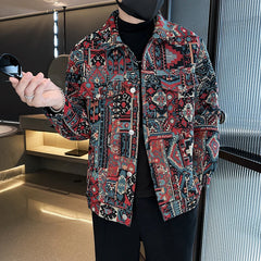 Threebooy Men Spring High Quality Printed Casual Denim Jackets/Male Jacquard Denim Jackets Man Slim Fit Coats