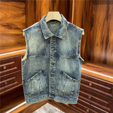 Threebooy Vintage American Denim Vest for Men Loose Fit Collared Jacket with Zippered Pockets Layering Essential for Spring Autumn