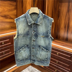Threebooy Vintage American Denim Vest for Men Loose Fit Collared Jacket with Zippered Pockets Layering Essential for Spring Autumn