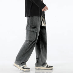 Threebooy Autumn New Men Cargo Jeans Baggy American High Street Y2K Multi-pocket Youth Overalls Fashion Streetwear Vintage Wide Leg Pants