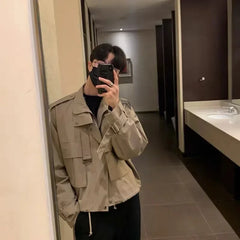 Threebooy Men's Jackets Coat Korean Style Loose Fashion Turn-down Collar Retro Cargo Solid Pockets Temperament Winter Jacket Male Coat