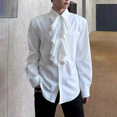 Threebooy Men Ruffled Collar Vintage Shirt Autumn Streetwear Fashion Retro Elegant Top City Boy Lightweight Breath Long Sleeve Shirt