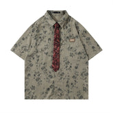 Threebooy Summer Short Sleeve Shirts Men Streetwear Vintage Bamboo Print Shirt for Men Oversized Harajuku Tie Decoration Casual Blouse