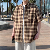 Threebooy New Summer Men's Loose Plaid Short Sleeved Shirts Casual Vintage Checkered Oversized Shirt Harajuku Luxury Comfort Male Shirts