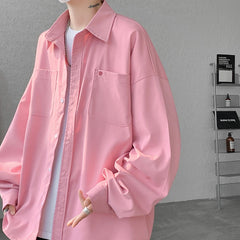 Threebooy Solid Color Men's Fashionable Candy Color Shirt Men's Casual Long Sleeve Shirt for Men Turn Down Collar Overshirt Black White