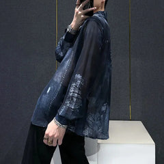 Threebooy Mens Snake Patterned Mesh Hollow Semi Transparent Long Sleeved Shirt Summer Sun Protection Casual Breathable Top Men's Clothing
